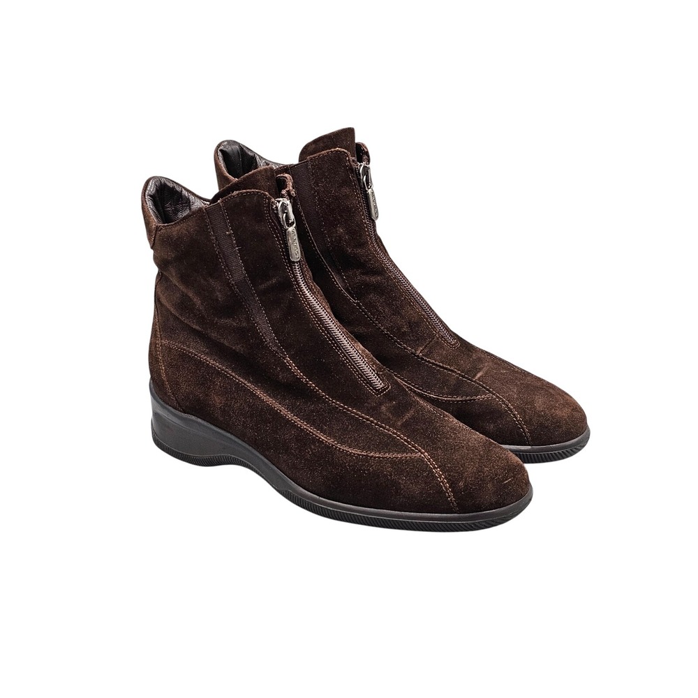 Aquatalia Women's Size 38 EU 7 US EUC Brown Suede Zip Front Wedge Ankle Boots
